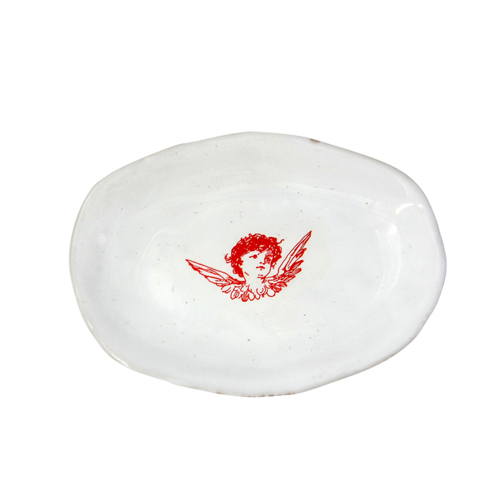 SOUVENIR Very small oval plate, white, angels